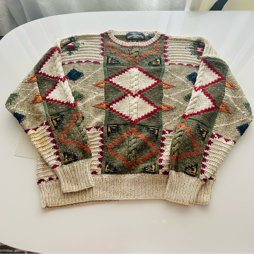 Vintage textured chunky knit Aztec Grandpa sweater m